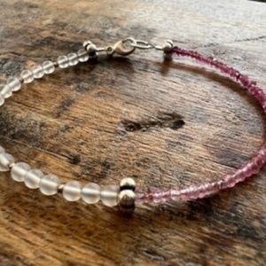 Pink Tourmaline and Frosted Quartz Crystal Sterling Silver Bracelet